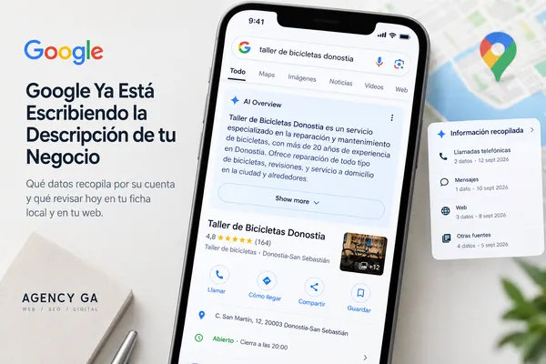 Pantalla de móvil mostrando la ficha de Google de un negocio local con un resumen generado por IA
