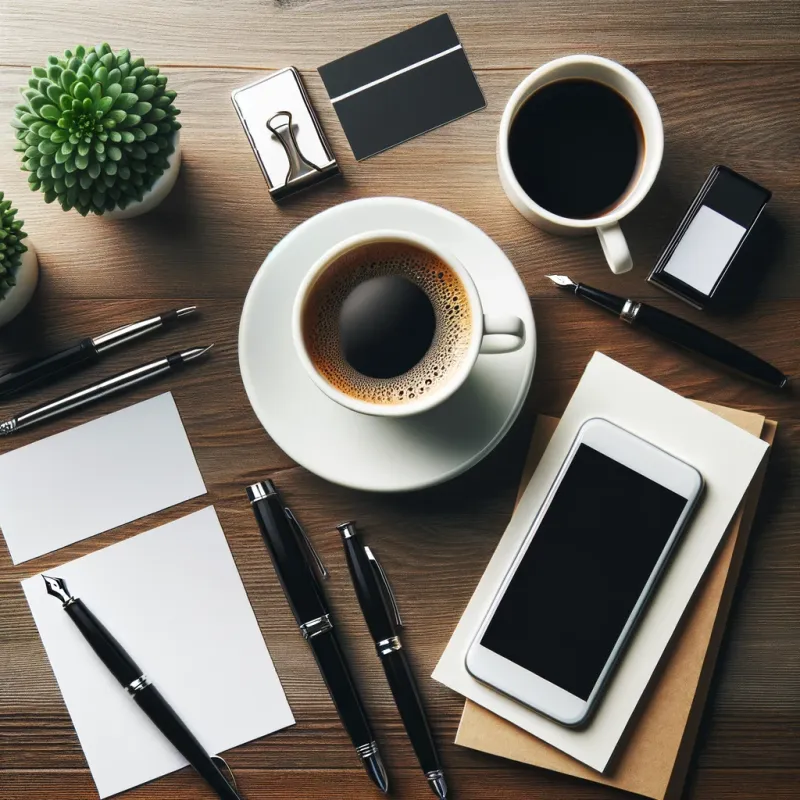 Una disposición ordenada de artículos de oficina sobre una mesa de madera, incluyendo una taza de café, bolígrafos, tarjetas de presentación, un teléfono móvil y una pequeña planta verde.