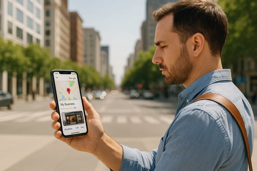 Persona consultando su negocio en Google Maps desde el móvil en una ciudad soleada