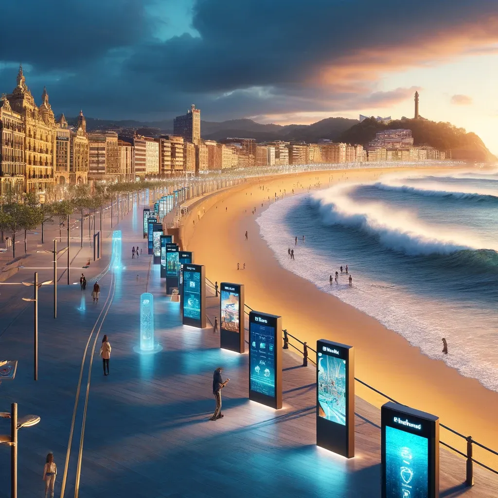 Vista del paseo marítimo de San Sebastián-Donostia al atardecer, con kioscos digitales interactivos a lo largo de la playa de La Concha, reflejando una integración de la tecnología y el entorno local