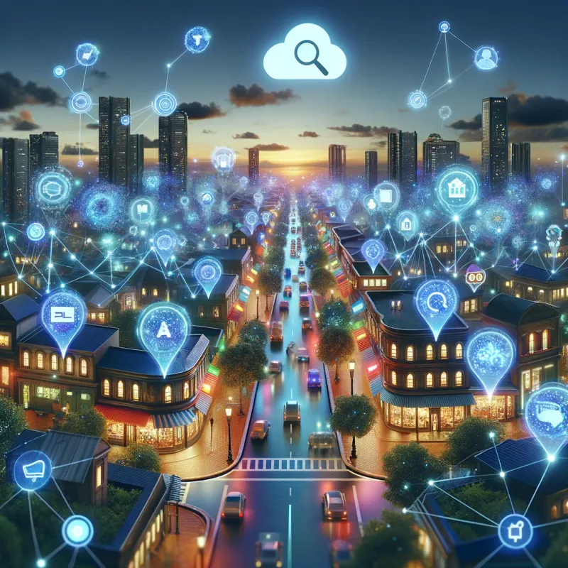 Vista aérea de una ciudad al atardecer con elementos digitales y de inteligencia artificial integrados sobre las calles y edificios tradicionales.