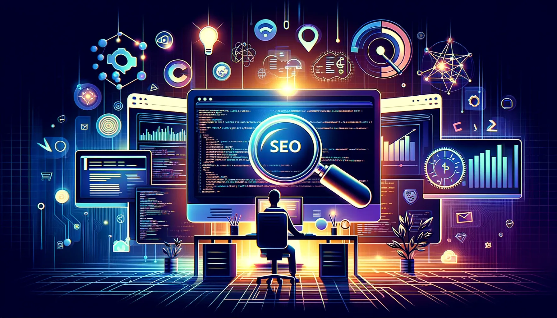 Servicios de SEO en Donostia: Optimización y análisis en marketing digital Ilustración de una persona analizando datos de SEO en múltiples pantallas, rodeado de iconos digitales, representando servicios de posicionamiento web en Donostia