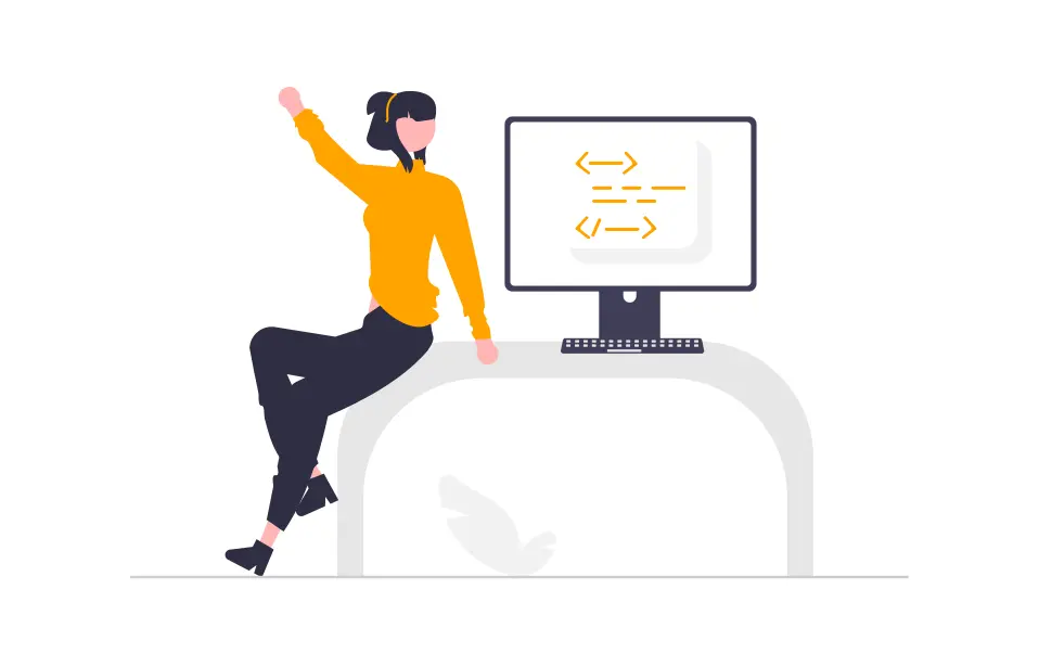 Programadora con actitud positiva frente a una pantalla de codificación